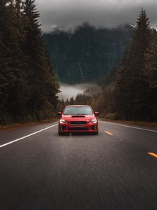 Preview wallpaper subaru sti, subaru, car, red, front view, road, asphalt