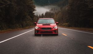 Preview wallpaper subaru sti, subaru, car, red, front view, road, asphalt