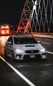 Preview wallpaper subaru wrx, subaru, car, sports car, front view, road, hieroglyphs