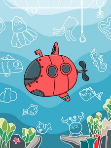 Preview wallpaper submarine, fish, depth, art, vector