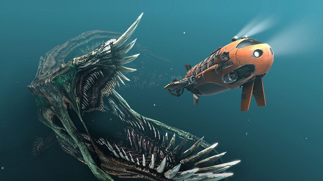 Wallpaper submersibles, underwater, light, predator, monster, mouth, teeth