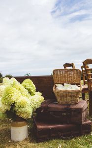 Preview wallpaper suitcases, basket, bouquet, aesthetics