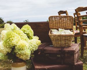 Preview wallpaper suitcases, basket, bouquet, aesthetics