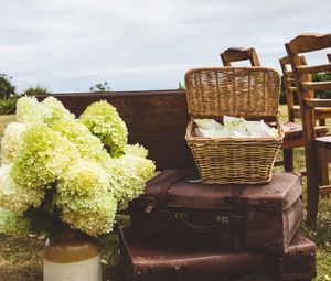 Preview wallpaper suitcases, basket, bouquet, aesthetics