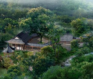 Preview wallpaper summer, lodges, china, garden, pond, from above, haze