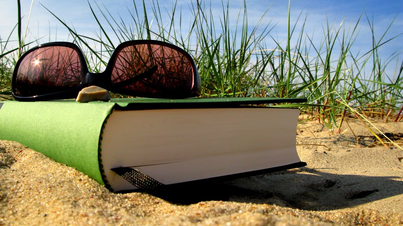 Wallpaper summer, vacation, book, glasses, bookmark, sand, grass