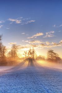 Preview wallpaper sun, beams, field, football, gate, hoarfrost, frosts