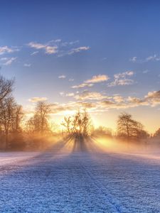 Preview wallpaper sun, beams, field, football, gate, hoarfrost, frosts