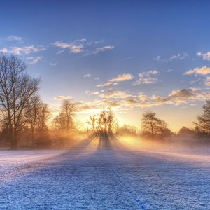 Preview wallpaper sun, beams, field, football, gate, hoarfrost, frosts