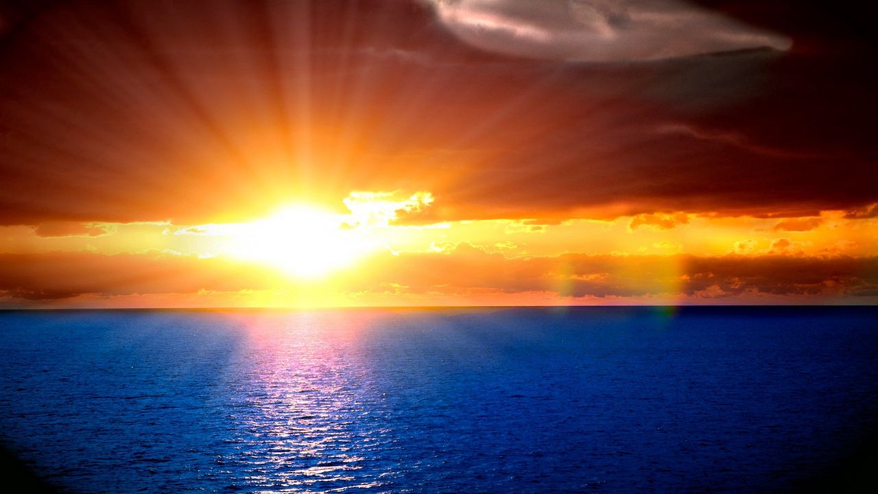 Wallpaper sun, beams, sky, horizon, orange, decline, light, ripples, sea