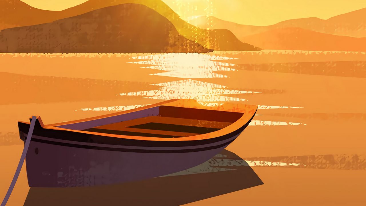 Wallpaper sun, boat, mountains, art