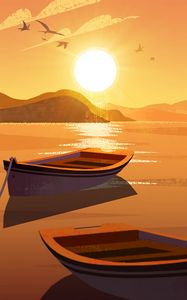 Preview wallpaper sun, boat, mountains, art