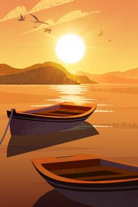 Preview wallpaper sun, boat, mountains, art
