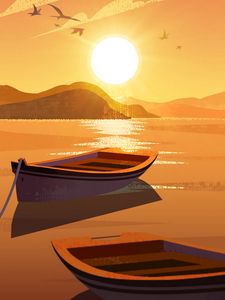 Preview wallpaper sun, boat, mountains, art