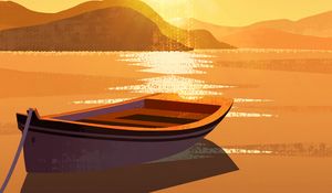 Preview wallpaper sun, boat, mountains, art