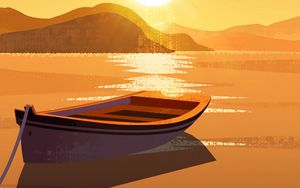 Preview wallpaper sun, boat, mountains, art