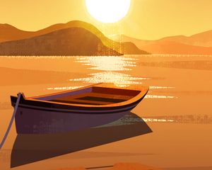 Preview wallpaper sun, boat, mountains, art