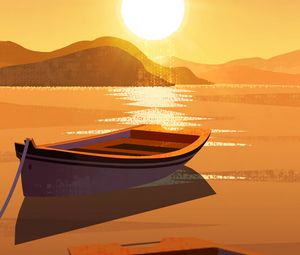 Preview wallpaper sun, boat, mountains, art