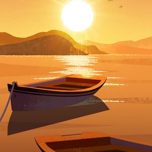 Preview wallpaper sun, boat, mountains, art
