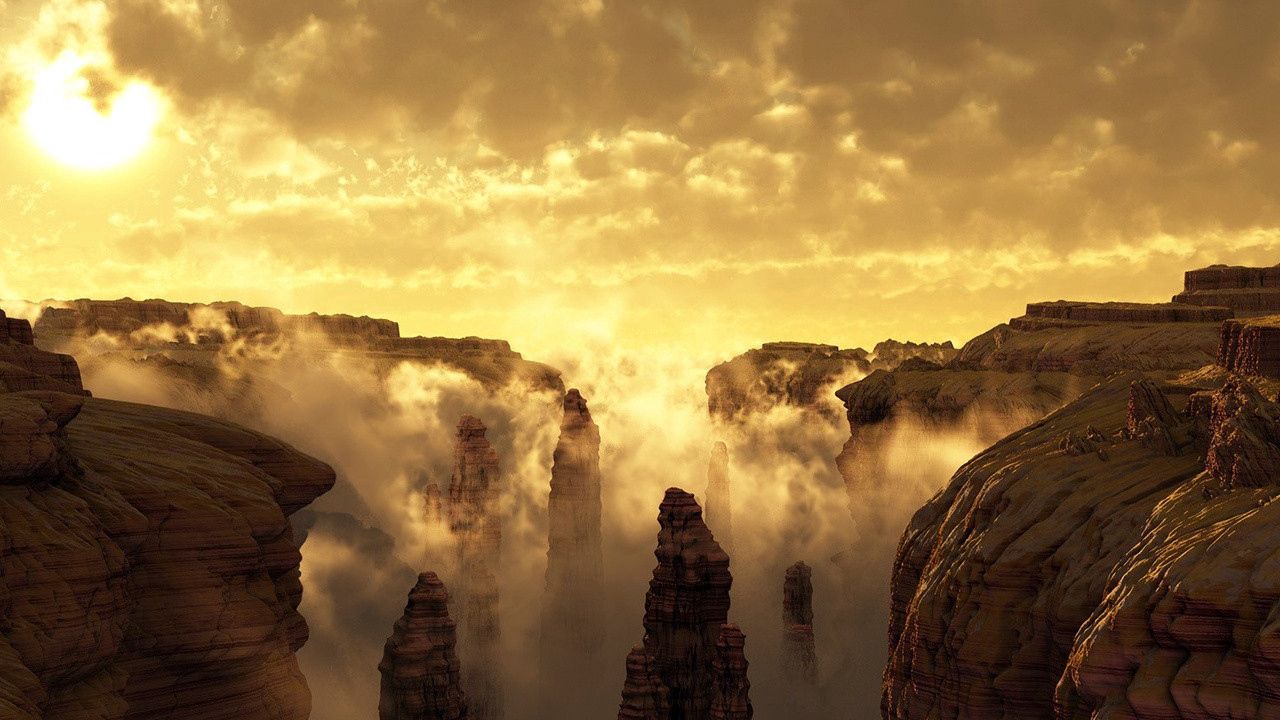 Wallpaper sun, canyons, fog, clouds, sky