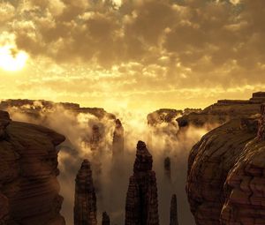 Preview wallpaper sun, canyons, fog, clouds, sky