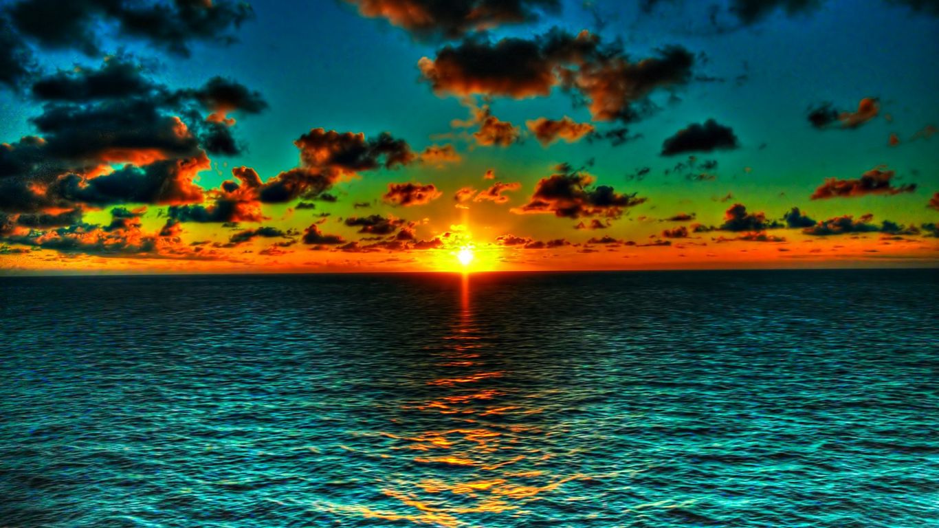 Download wallpaper 1366x768 sun, clouds, horizon, sea, water, colors  tablet, laptop hd background