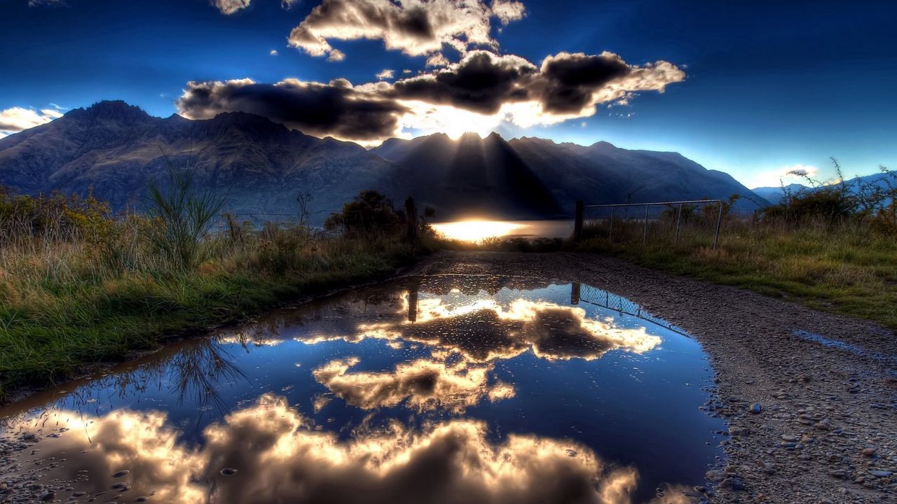 Wallpaper sun, clouds, lake, reflection, light, shadows, mountains, sky