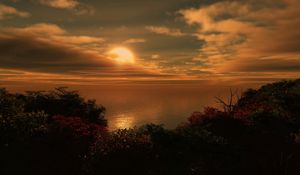 Preview wallpaper sun, coast, bushes, evening, clouds, sea