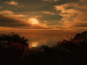 Preview wallpaper sun, coast, bushes, evening, clouds, sea