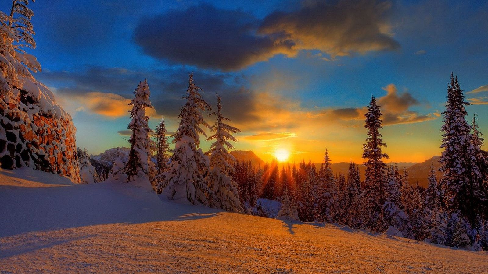 Download wallpaper 1600x900 sun, decline, evening, snow, trees, fir ...