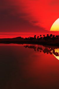 Preview wallpaper sun, decline, palm trees, outlines, evening, reflection