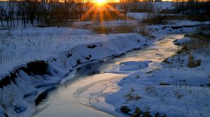 Preview wallpaper sun, decline, river, snow, winter