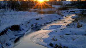 Preview wallpaper sun, decline, river, snow, winter