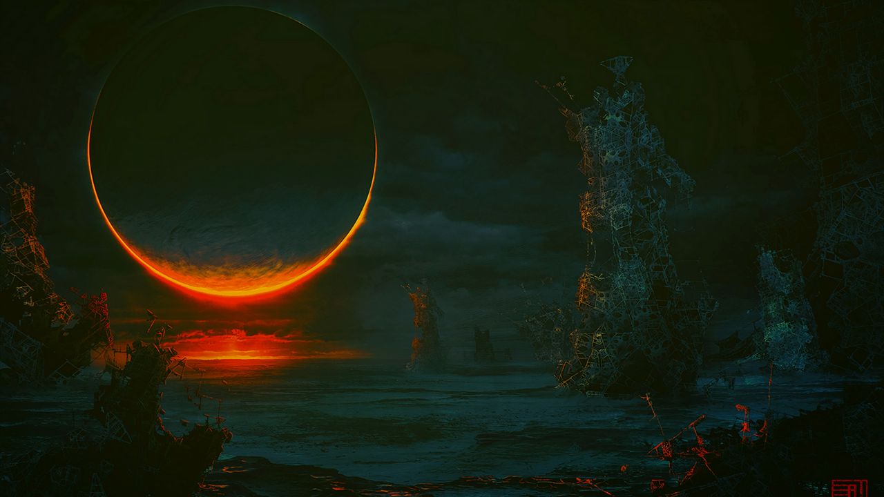 Wallpaper sun, eclipse, parallel world, darkness, ruins