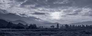 Preview wallpaper sun, grass, bw, hills, trees