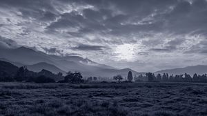 Preview wallpaper sun, grass, bw, hills, trees