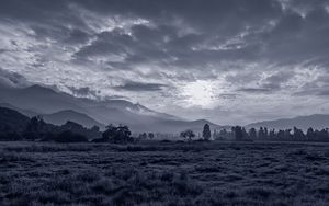 Preview wallpaper sun, grass, bw, hills, trees