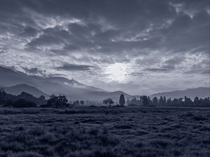 Preview wallpaper sun, grass, bw, hills, trees