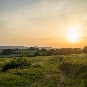 Preview wallpaper sun, grass, road, distance