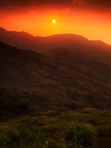 Preview wallpaper sun, hills, bushes, sunset