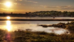 Preview wallpaper sun, light, lake, fisherman, coast, grass, faded, reflection