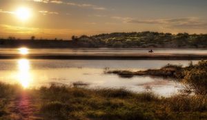 Preview wallpaper sun, light, lake, fisherman, coast, grass, faded, reflection