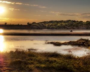 Preview wallpaper sun, light, lake, fisherman, coast, grass, faded, reflection