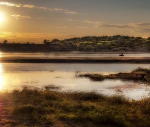 Preview wallpaper sun, light, lake, fisherman, coast, grass, faded, reflection