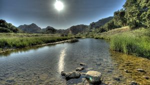 Preview wallpaper sun, light, river, water, transparent, stones, day, summer