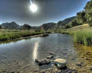 Preview wallpaper sun, light, river, water, transparent, stones, day, summer