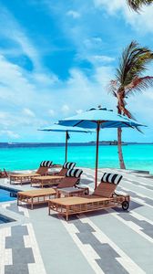 Preview wallpaper sun lounger, umbrella, palm, rest, ocean