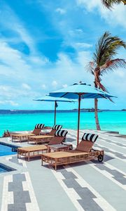 Preview wallpaper sun lounger, umbrella, palm, rest, ocean