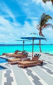 Preview wallpaper sun lounger, umbrella, palm, rest, ocean