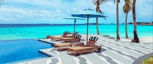Preview wallpaper sun lounger, umbrella, palm, rest, ocean